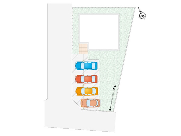 【５号棟　区画図】並列４台分の駐車スペース確保。後付けの倉庫や、雨風から自転車・バイクを守るサイクルハウスを置いても余裕のある広さです。お子様用のビニールプールも余裕で入ります！