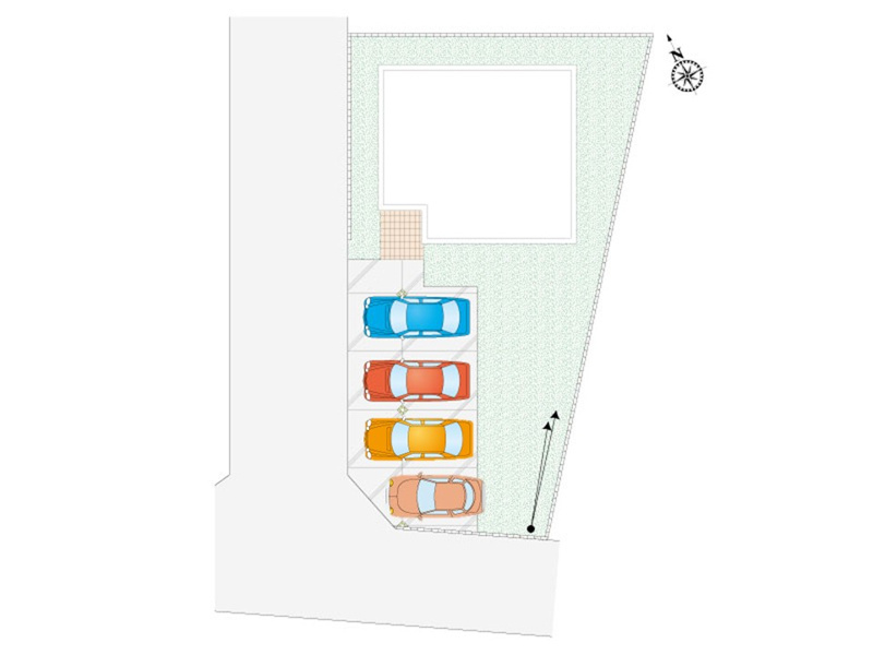 【５号棟　区画図】並列４台分の駐車スペース確保。後付けの倉庫や、雨風から自転車・バイクを守るサイクルハウスを置いても余裕のある広さです。お子様用のビニールプールも余裕で入ります！