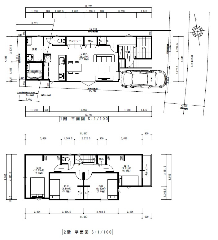 墨田区八広４丁目　建築条件付き売地の参考プラン|２階建て　建築プラン　99.93㎡　4LDK+カースペース　参考建物価格2,250万円
