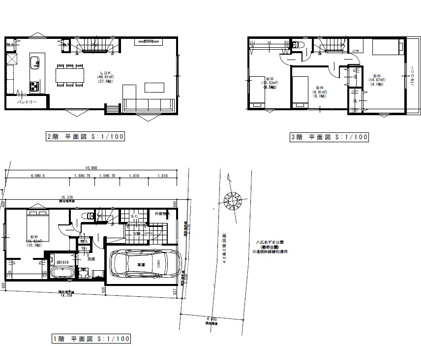墨田区八広４丁目　建築条件付き売地の参考プラン|３階建て　建築プラン　145.41㎡　4LDK+カースペース　参考建物価格3,300万円
