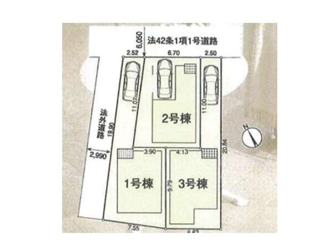 【区画図】 | 朝霞市溝沼３丁目　新築一戸建住宅　全3棟（朝霞店） | 北側約6ｍ公道に面しており、駐車もラクラク！
スーパーまで徒歩１分、小学校徒歩５分圏内の暮らしやすい住環境です。