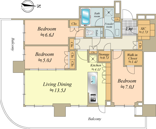 50階建て14階部分　86.66㎡、3LDK、南×東 角部屋