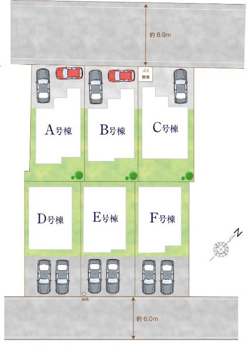 北本宮内2期全6棟　C号棟の区画図|カースペースは1台駐車可能です。前面道路が8.9ｍありますので、お車の運転が苦手な方も安心して駐車することができます。周辺にはスーパーなど商業施設が点在していますので、毎日のお買い物が便利になります！