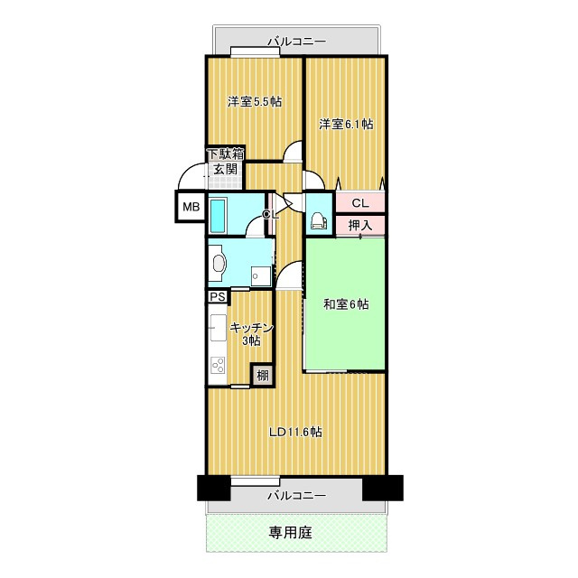 パークシティ水野B棟の間取り|３LDK　専用庭付き