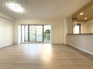 キッチン前のダイニングスペース　カウンターキッチンから料理の受け渡し等に便利です。ダイニングセットを置いても十分な広さを確保。