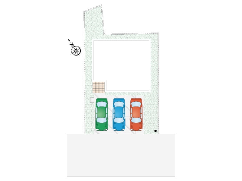 久喜市西（全28区画）3号棟　区画図　並列3台駐車可能です。（車種による）洗車やガーデニング、ペットのシャンプーなどにもご活用いただける外水栓付きです。
