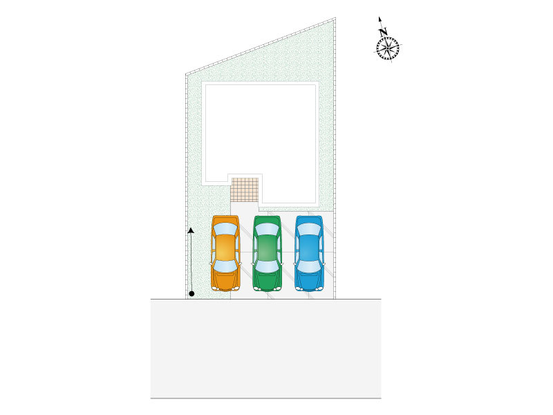 久喜市西（全28区画）2号棟　区画図　並列3台駐車可能（車種による）宅配ボックス搭載門柱付きで在宅・不在問わず宅配便を受け取れます。外水栓付きでホースをつなげば洗車やガーデニングにご活用いただけます。