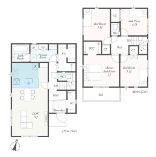 【区画図】 | 愛川町中津  2号棟 第4 | 2号棟　南東側約5ｍ開発道路　駐車2台（車種によります）　敷地面積35.8坪