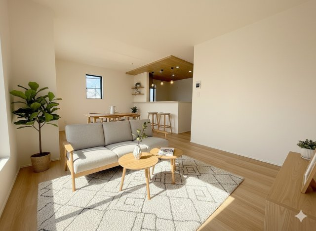 三郷市彦川戸1丁目　新築戸建　全1棟の居間・リビング|現況の物件写真にCGによる画像処理を行っています。家具、家電、小物、カーテン等はイメージはCGです。