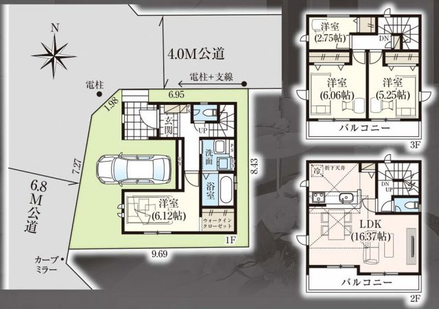 三郷市彦川戸1丁目　新築戸建　全1棟の間取り|プライバシーにも配慮した2階リビングの3階建ての邸宅です
