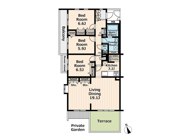 【間取り】 | シャレール新座　(丸井志木店) | 19.1帖のゆとりあるLDKが魅力。全居室に収納を備えており、リビングにも収納スペース付き。専用テラスは、洗濯物を干したり、外の空気を感じながらくつろいだりと、多目的に使える嬉しい空間です。