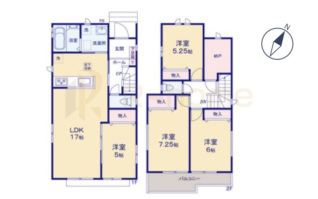 守谷市薬師台7丁目　新築戸建て　B号棟の間取り|4LDK＋納戸、土地面積157.17m2、建物面積99.36m2