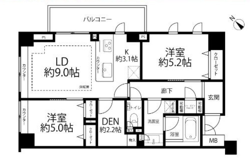 ２LDK+DEN+SIC　５８．３６㎡