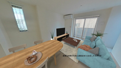 【居間・リビング】 | 【新築】Nalu Avion/ナル・アヴィオン | 南西向きリビングダイニングキッチン14.8帖☆バルコニーに繋がる三面採光の角部屋です♪エアコン付きで1年中快適に過ごせますね☆