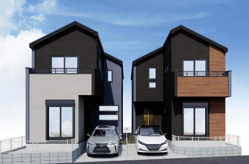 新築戸建　茅ヶ崎市若松町の外観パース|図面を基にしたイメージパースのため周辺環境・植栽等は実際とは異なる場合があります。