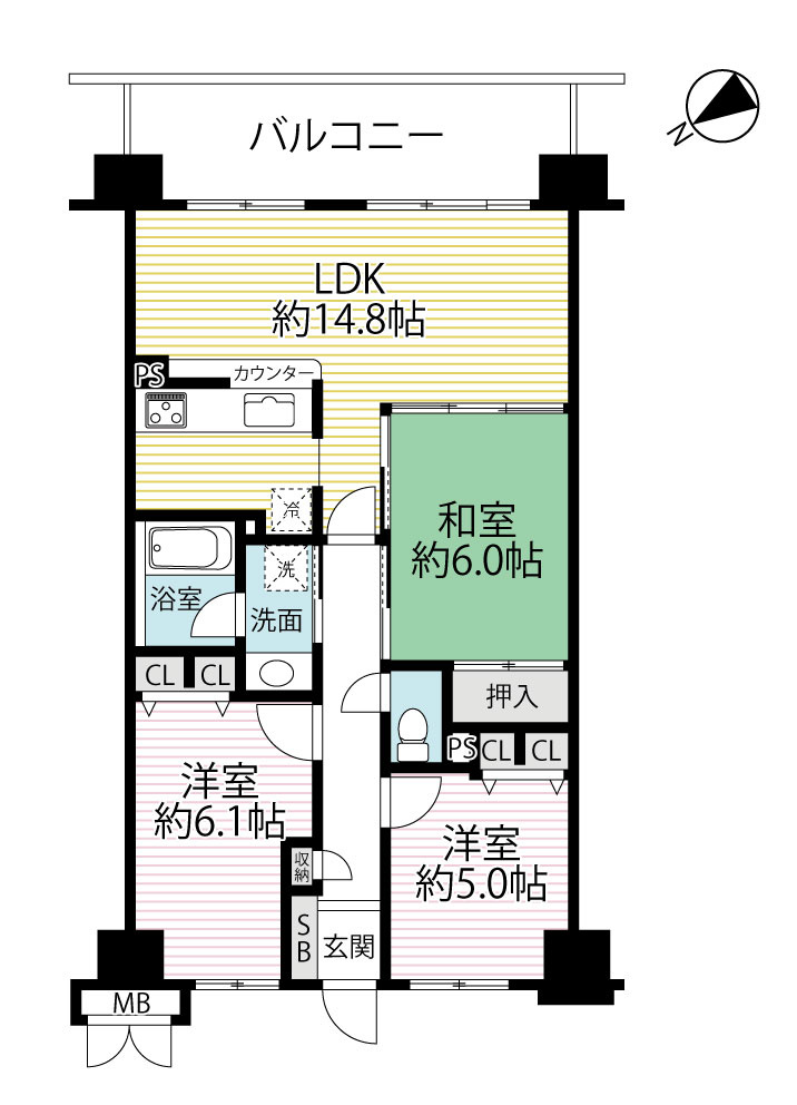 ＪＲ＆京阪の２沿線利用可◆７階部分につき眺望良好◆収納豊富な間取り◆シャルマンコーポ大津のぞみケ丘の間取り|間取り