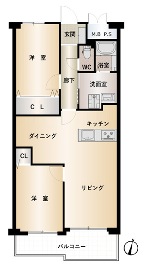 【間取り】 | コスモ八尾 | 【全洋室2LDK＋南向きバルコニー☆】室内水廻り設備一新！全面リフォーム済み☆照明器具付き☆対面式キッチン♪