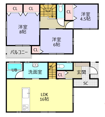 城山団地1丁目　新築戸建ての間取り|LDKから水回りへと家事がはかどる3LDKとなっています。８帖のゆとりある洋室も魅力。収納も豊富です。