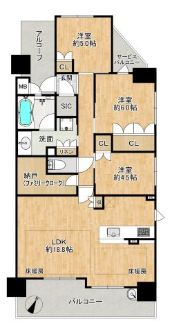 シャリエ新大阪の間取り|◆専有面積：80.93㎡、南東角部屋、3LDK＋納戸、広々LDKは約18.8帖！
