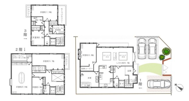羽村市羽加美1丁目　ホームエレベーター付き3階建６LDKの間取り