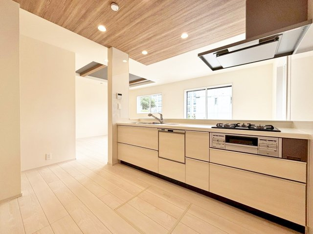 ブルーミングガーデン中山五月台1丁目新築一戸建て全2区画│3・4LDK+並列駐車2台可のキッチン|1階キッチン奥側から撮影した内観写真です。浄水器一体型水栓、食器洗い乾燥機などの充実した設備内容です。