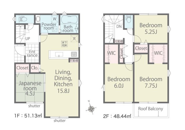 熊本市西区池田3丁目第1-２棟（1号棟）の間取り|全居室収納付きで便利です。