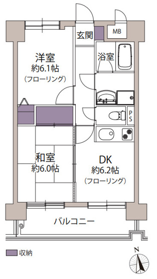 【間取り】 | メヌエット大橋駅前 | 南西向きのバルコニーに面したダイニングは陽当り良好。約45㎡の2LDKはお2人暮らしにピッタリです