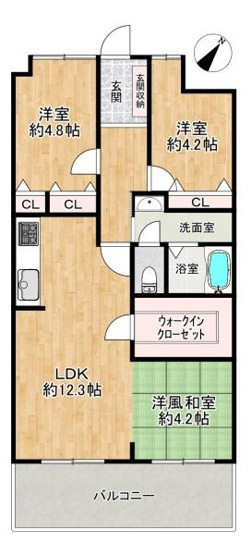 【間取り】 | 加古川グリーンシティE棟 | 南東向き◆大容量WICあり♪