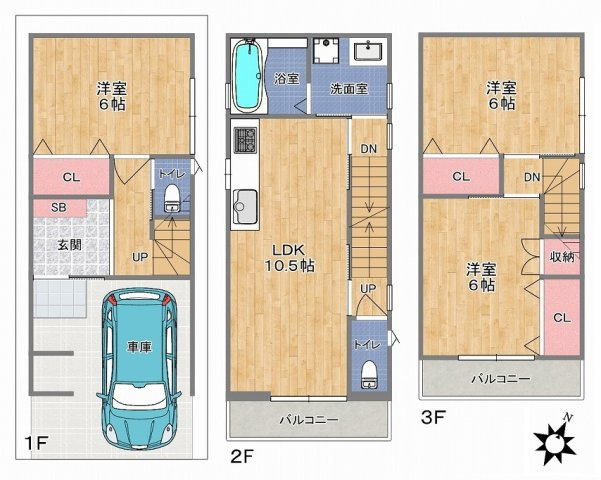 【間取り】 | 鶴見区今津南4丁目 | 2階に水廻り設備集約、家事の効率UP♪設備充実☆トイレ2ヶ所☆全居室、洋室6帖＋クローゼット完備♪省エネ適合住宅です☆