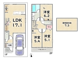 【土地図＋建物プラン例】 | 右京区太秦蜂岡町　建築条件付 | 《参考プラン》建物価格：1700万円　延床面積：74.70平米（1F:33.74平米　2F:40.96平米）
