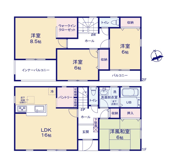 リーブルガーデン  ひたちなか稲田　10期　1の間取り|　
☆各部屋を最大限に広く使って頂ける様、収納スペース充実！キッチン横のパントリーは食品、消耗品のストックに大活躍です。居室は全室明るい南向き、ゆったり6帖以上です。