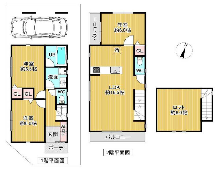 杉並区上井草3丁目　南西角地含む全2区画　建築条件付売地の参考プラン|A区画　3LDK+ロフト+ビルトイン車庫　建物面積 93.96ｍ2(ロフト部分15.39ｍ2含む)　建物価格 2,500万円