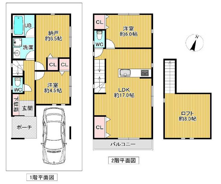杉並区上井草3丁目　南西角地含む全2区画　建築条件付売地の参考プラン|B区画　2LDK+S+ロフト+ビルトイン車庫　建物面積 93.96ｍ2(ロフト部分15.39ｍ2含む)　建物価格 2,500万円
