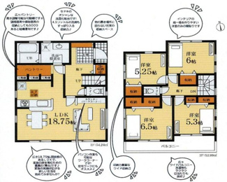 【間取り】 | 寒川町中瀬  1号棟 | 二部屋から行き来できる南向きバルコニー　1階掃出し窓シャッター付　浴室乾燥機+窓　全居室収納　全室2面採光