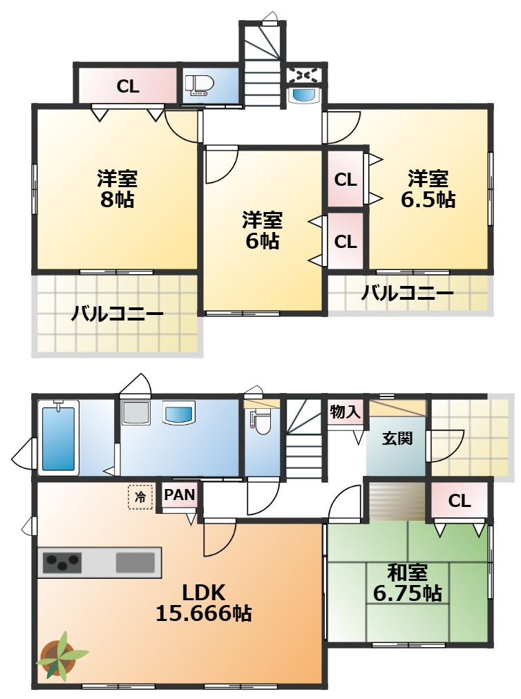 いろどりアイタウン宇都宮市野沢町23-P1　7号棟の間取り|全室南向きで陽当たりの良い間取りです