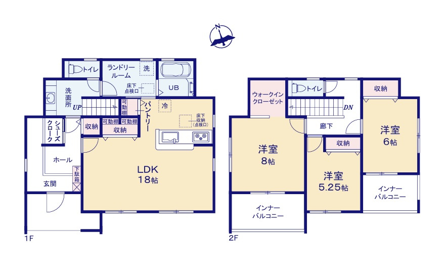リーブルガーデン  ひたちなか稲田　10期　10の間取り|　
☆広い玄関が特徴です。LDK、洗面室、ランドリールームが2WAY出入り口、生活動線がコンパクトになる工夫です。お部屋は全室明るい南向き、収納スペース充実です。
