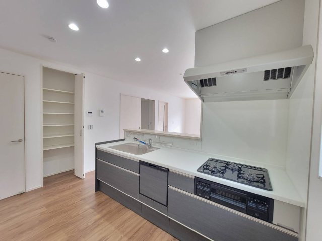 坂東市辺田　全3邸のキッチン|〇１号棟　キッチン〇
シックでスタイリッシュなデザインのキッチン♪節水、手荒れ防止にもなる食洗機付き！家事の時短が図れるので共働きのご夫婦にもおすすめです（＾＾）
2025年10月撮影