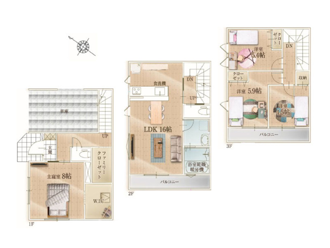 【間取り】 | 川越市清水町　新築一戸建住宅　全1棟　(ふじみ野店) | 水回りが2階にまとまり家事効率の良い4LDK。ファミリークロークやWICなど収納スペースも豊富です。