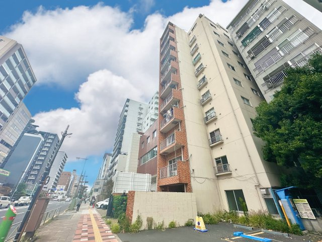 キャッスルマンション両国の外観|周囲の景観と調和する、落ち着きある洗練デザイン。日常の風景にさりげない美しさを添える、ちょうどよい存在感です。