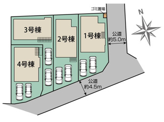 【区画図】 | 中央区宮下本町3丁目  2号棟 | 1･3号棟成約済　2号棟　南側約4.9～約5ｍ公道　駐車並列2台（車種によります）　敷地面積38.6坪