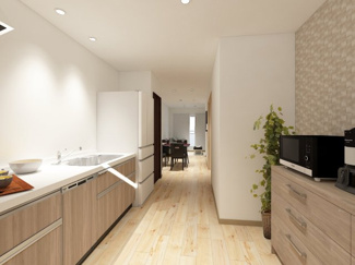 【キッチン】 | 右京区梅津中村町 | 《キッチン：ステージングイメージパース》※家具・小物はCGによるインテリアイメージであり、家具の設置サイズを保証するものではございません。