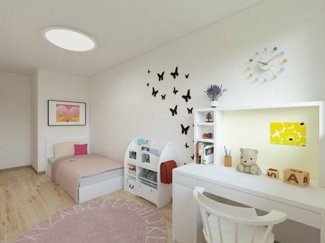 【子供部屋】 | 右京区梅津中村町 | 《約6.2帖洋室：ステージングイメージパース》※家具・小物はCGによるインテリアイメージであり、家具の設置サイズを保証するものではございません。※家具配置はTV配線には配慮しておりません