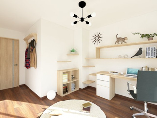 【洋室】 | 右京区梅津中村町 | 《約6帖洋室：ステージングイメージパース》※家具・小物はCGによるインテリアイメージであり、家具の設置サイズを保証するものではございません。※家具配置はTV配線には配慮しておりません