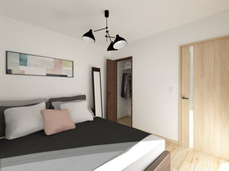 【寝室】 | 右京区梅津中村町 | 《約5.1帖洋室：ステージングイメージパース》※家具・小物はCGによるインテリアイメージであり、家具の設置サイズを保証するものではございません。※家具配置はTV配線には配慮しておりません