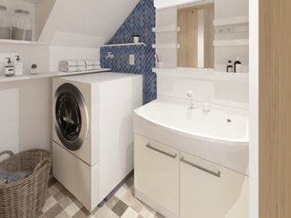 【独立洗面台】 | 右京区梅津中村町 | 《洗面室：ステージングイメージパース》》※家具・小物はCGによるインテリアイメージであり、家具の設置サイズを保証するものではございません。