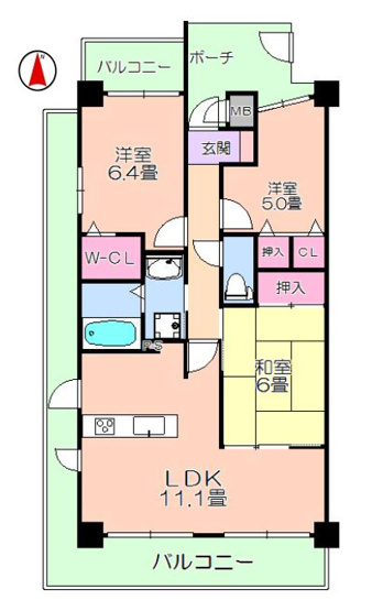 【間取り】 | ルイシャトレ平野 | 三方角住戸！【3LDK＋3面バルコニー☆】玄関ポーチ付き☆リビング南向き☆水廻り設備キレイにご使用です☆バス高温差湯機能・浴室乾燥機・モニターホン完備☆陽当り・通風・眺望良好です☆