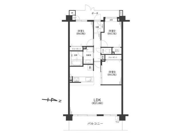 【間取り】 | コスモステージひばりヶ丘アミュージア　(保谷店) | 広々LDKと収納を備えた3個室でゆったりとした暮らしが始まります。