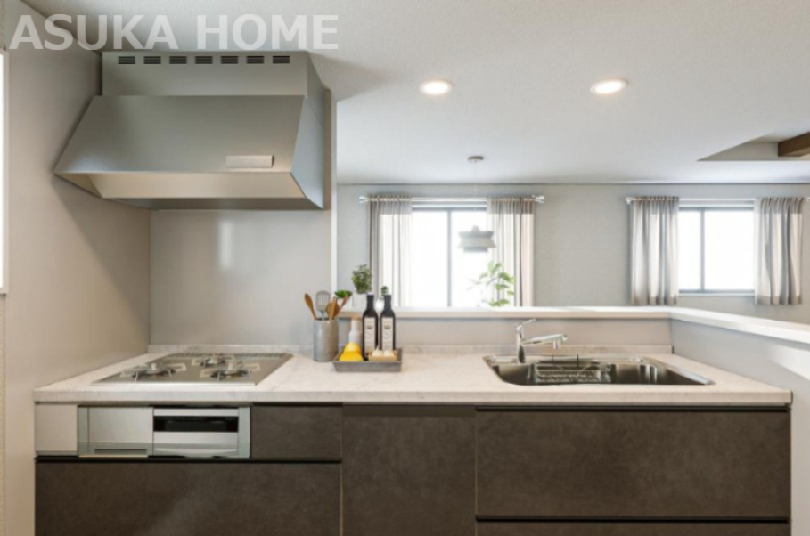 横浜市緑区東本郷３丁目　新築 戸建てのキッチン|リビングが見渡せるカウンターキッチン、お料理をしながら大切な家族との会話も楽しめそう家族のコミュニケーションが生まれそうなキッチンですね♪