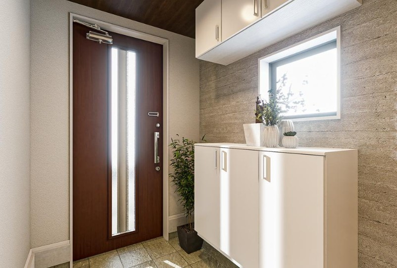 横浜市緑区東本郷３丁目　新築 戸建ての玄関|明るい玄関が家路からの「ただいま」の安心感を実感させてくれそうですね。