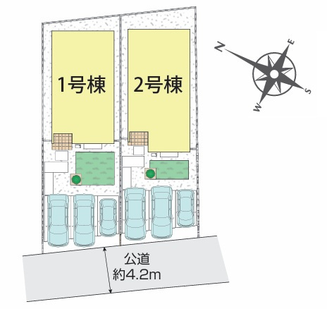 北本市西高尾2丁目全2棟　2号棟の区画図|カースペースは3台並列駐車可能です（1台軽自動車）。お車の出し入れもスムーズに行えますので、来客時にも安心ですね◎周辺には、スーパーなど商業施設が点在していますので、毎日のお買い物が便利になります。